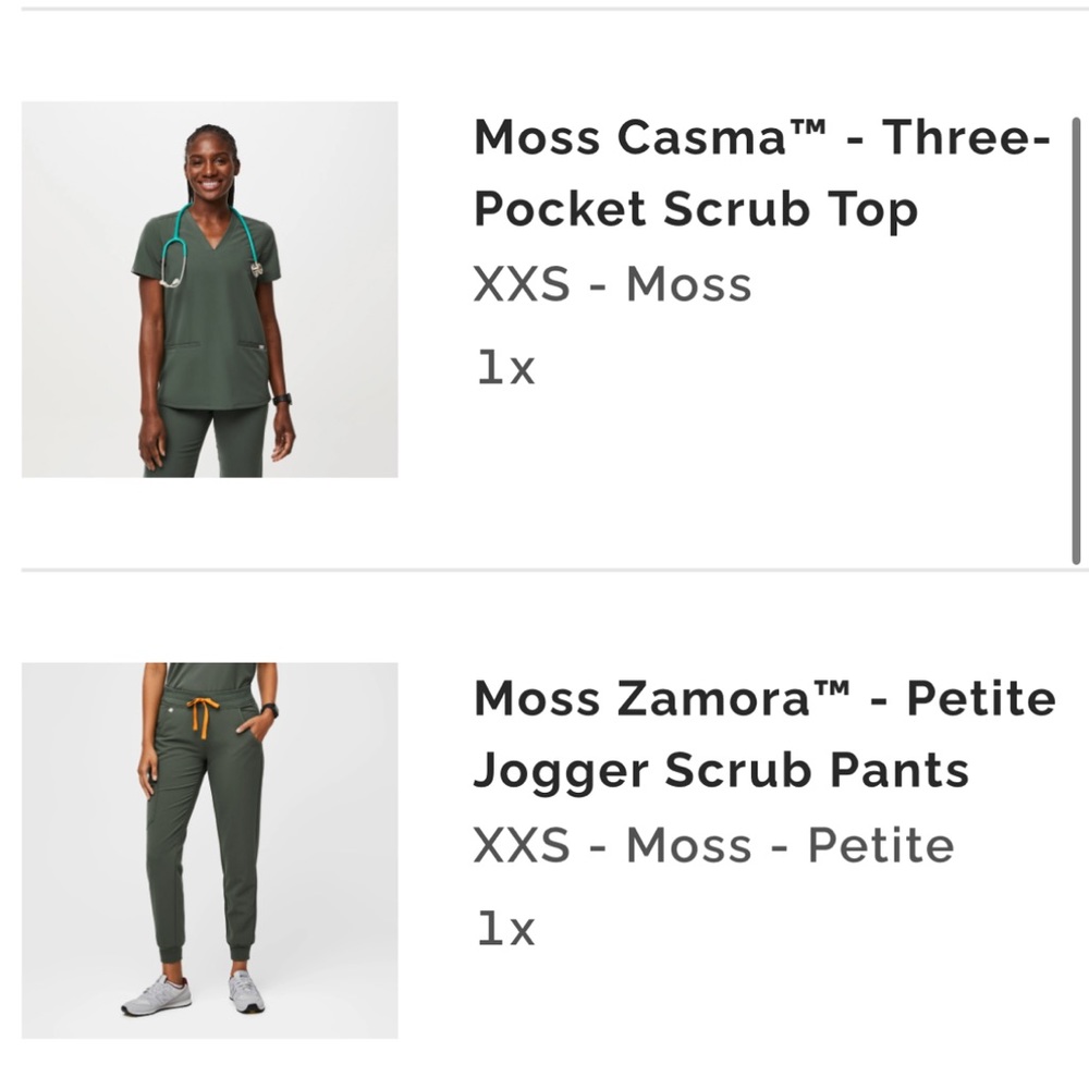 FIGS in MOSS xxsp Zamora joggers and xxs scrub top!